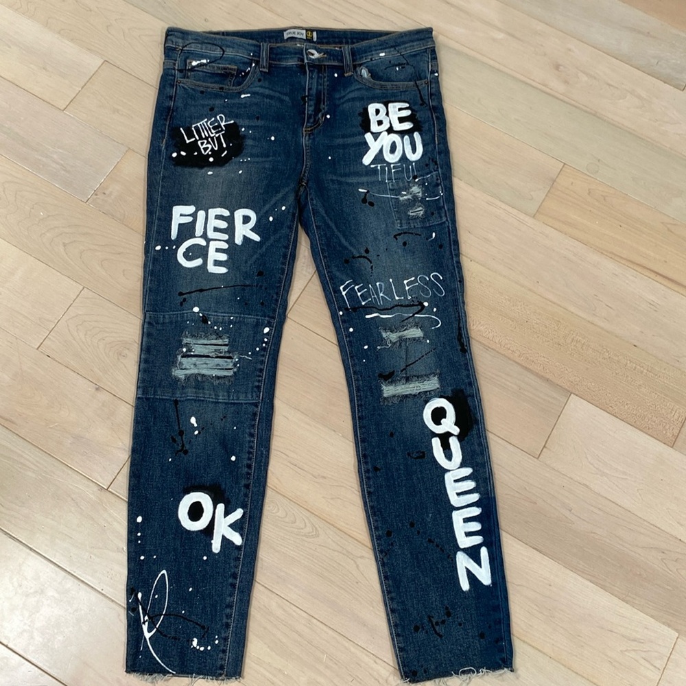 True Joy hand painted Be You Queen soft denim jeans